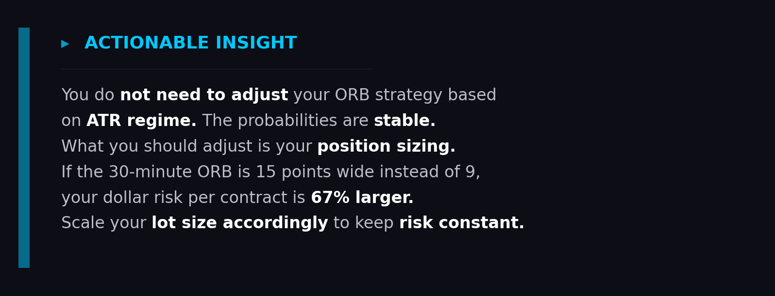 Cyan-bordered actionable insight callout box advising traders that ORB strategy probabilities remain stable across ATR regimes and no adjustment is needed, but position sizing must scale with range width since a 15-point ORB carries 67 percent more dollar risk than a 9-point ORB